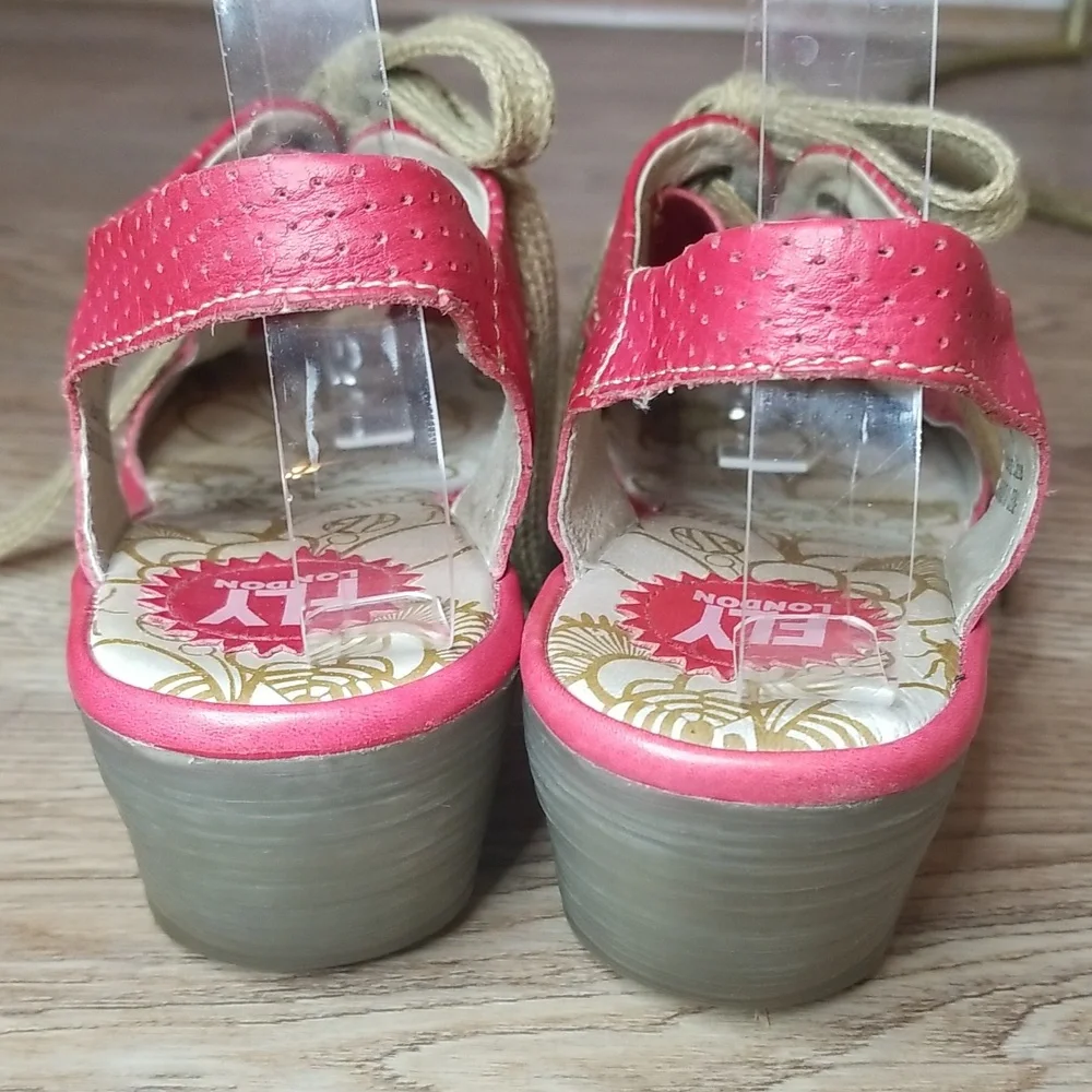 Fly London Luna Wedge Heel Red Open Toe Red Lace Up Sandals - Picture 3 of 14